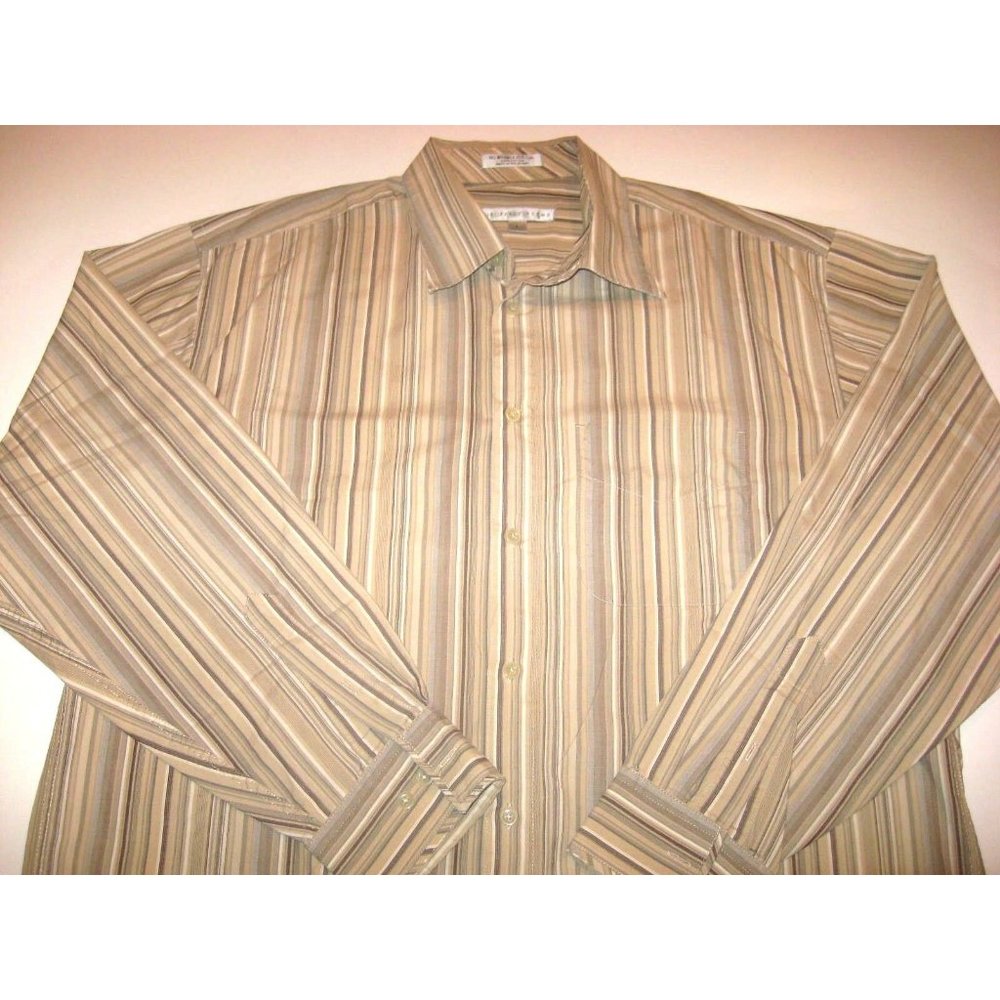 Geoffrey Beene L/S Dress Shirt Large Beige Tan Brown Stripe + Front Pocket